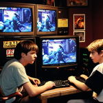 **

A nostalgic scene of a smoky, dimly lit PC gaming club in the late 90s/early 2000s. Show young people intensely playing Counter-Strike or StarCraft on CRT monitors. Posters of game characters adorn the walls. Emphasize the feeling of camaraderie and the retro vibe.

**