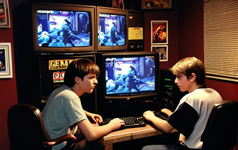 **
A nostalgic scene of a smoky, dimly lit PC gaming club in the late 90s/early 2000s. Show young people intensely playing Counter-Strike or StarCraft on CRT monitors. Posters of game characters adorn the walls. Emphasize the feeling of camaraderie and the retro vibe.
**