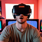 **

A gamer wearing a VR headset, fully immersed in a virtual recreation of a 1990s computer club. The VR environment shows CRT monitors displaying classic Doom gameplay, posters of retro games on the walls, and a general nostalgic, pixelated vibe. Focus on the gamer's expression of amazement and the blend of real and virtual worlds.

**