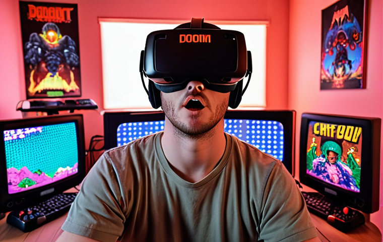**
A gamer wearing a VR headset, fully immersed in a virtual recreation of a 1990s computer club. The VR environment shows CRT monitors displaying classic Doom gameplay, posters of retro games on the walls, and a general nostalgic, pixelated vibe. Focus on the gamer's expression of amazement and the blend of real and virtual worlds.
**