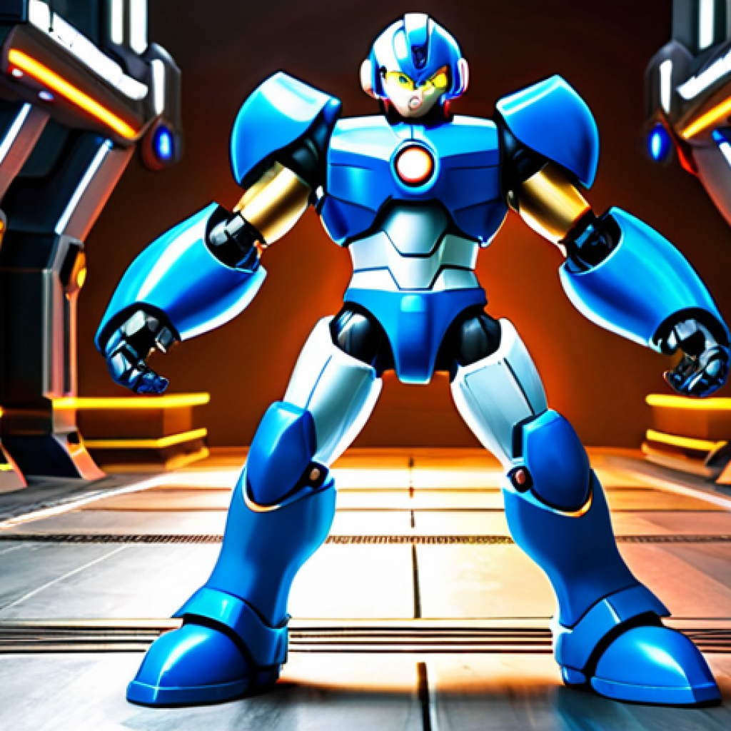 **Prompt 1: Fully Upgraded Mega Man X**
    A heroic and iconic Mega Man X character, standing tall in his complete, gleaming blue and white X armor, fully upgraded with vibrant green accents. He is posed dynamically, exuding strength and readiness for action. The background is a futuristic, high-tech environment with elements of advanced machinery and a subtle, epic scale, capturing the essence of his challenging world. The image should be a professional depiction, reflecting classic video game heroism. safe for work, appropriate content, fully clothed, modest attire, family-friendly, perfect robot anatomy, correct proportions, well-formed mechanical details, high-resolution, sharp focus, cinematic lighting.