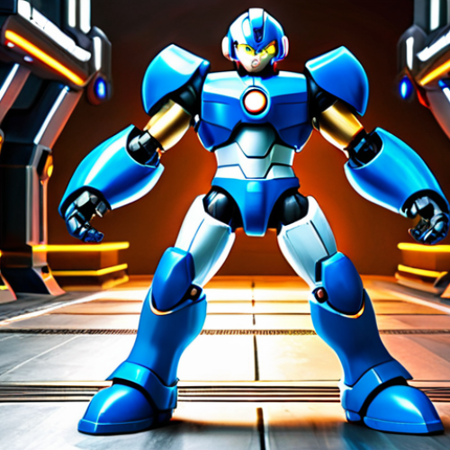 Home 17 **Prompt 1: Fully Upgraded Mega Man X**
A heroic and iconic Mega Man X character, standing tall in his complete, gleaming blue and white X armor, fully upgraded with vibrant green accents. He is posed dynamically, exuding strength and readiness for action. The background is a futuristic, high-tech environment with elements of advanced machinery and a subtle, epic scale, capturing the essence of his challenging world. The image should be a professional depiction, reflecting classic video game heroism. safe for work, appropriate content, fully clothed, modest attire, family-friendly, perfect robot anatomy, correct proportions, well-formed mechanical details, high-resolution, sharp focus, cinematic lighting.