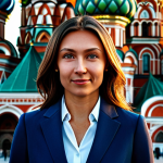 **

A professional businesswoman in a modest dark blue business suit, standing confidently in front of St. Basil's Cathedral in Moscow, fully clothed, appropriate attire, safe for work, perfect anatomy, natural proportions, professional photography, high quality. The scene is bathed in the golden light of late afternoon. Family-friendly.

**