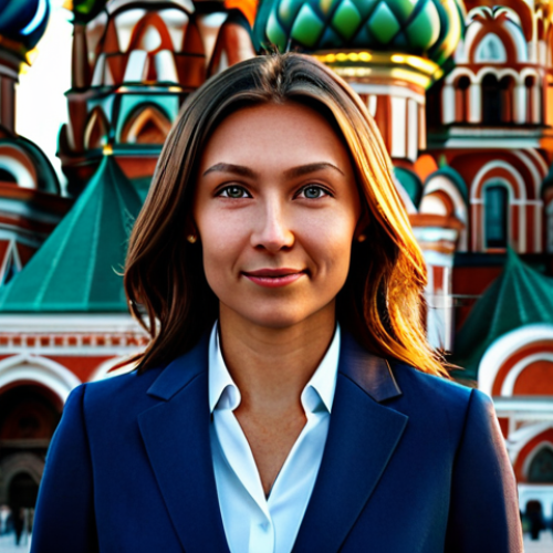 Home 8 **
A professional businesswoman in a modest dark blue business suit, standing confidently in front of St. Basil's Cathedral in Moscow, fully clothed, appropriate attire, safe for work, perfect anatomy, natural proportions, professional photography, high quality. The scene is bathed in the golden light of late afternoon. Family-friendly.
**