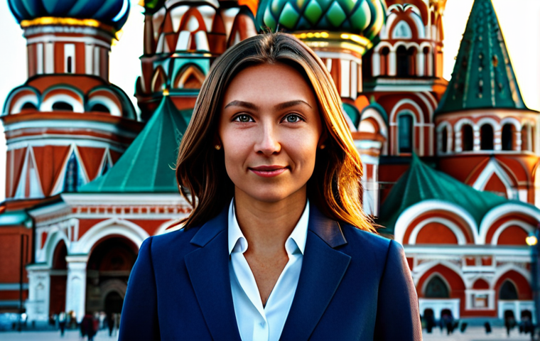**

A professional businesswoman in a modest dark blue business suit, standing confidently in front of St. Basil's Cathedral in Moscow, fully clothed, appropriate attire, safe for work, perfect anatomy, natural proportions, professional photography, high quality. The scene is bathed in the golden light of late afternoon. Family-friendly.

**
