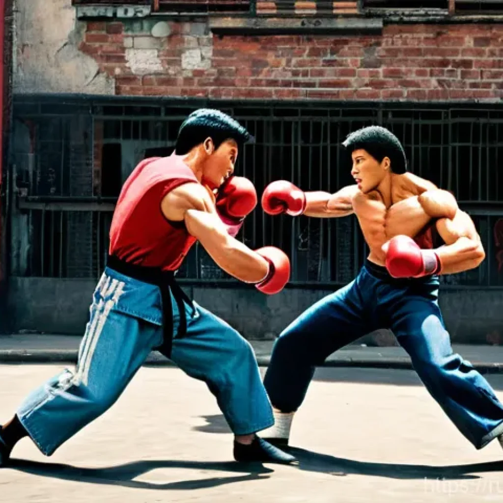 더블 드래곤 시리즈 주요 기술 - **Prompt 1: Classic Street Brawl - Mastery of Basic Strikes** "A dynamic, action-packed scene de...