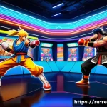 Home 19 네오지오의 대표 대전 게임들 - A dynamic scene of a balanced fighting game match set in a vibrant arcade arena, showcasing two dive...