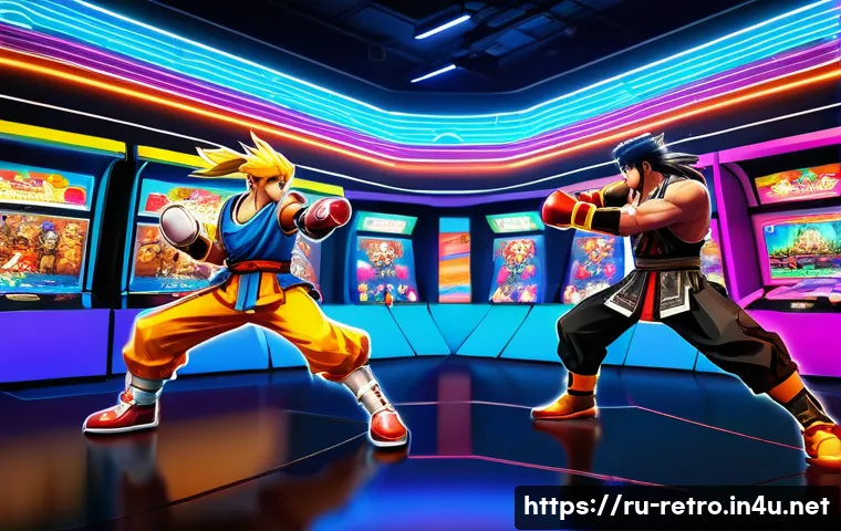 네오지오의 대표 대전 게임들 - A dynamic scene of a balanced fighting game match set in a vibrant arcade arena, showcasing two dive...