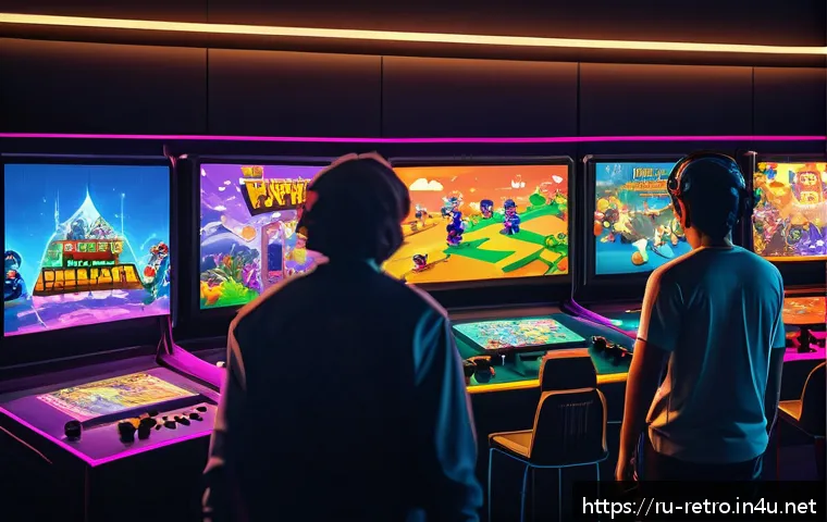 고전 게임의 리메이크 성공 사례 - A nostalgic video game remake scene showing a group of diverse players from different generations ga...