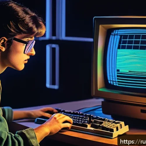 Home 26 초기 PC 그래픽카드와 게임 호환성 - A detailed scene of a vintage 1980s computer setup in a dimly lit room, featuring an early personal ...