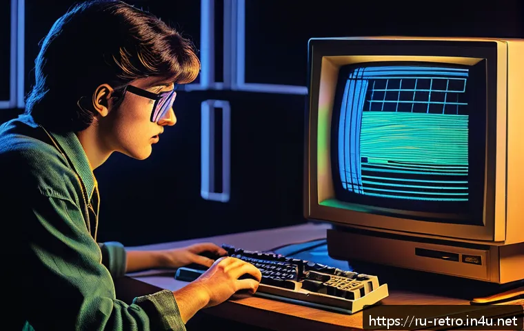초기 PC 그래픽카드와 게임 호환성 - A detailed scene of a vintage 1980s computer setup in a dimly lit room, featuring an early personal ...