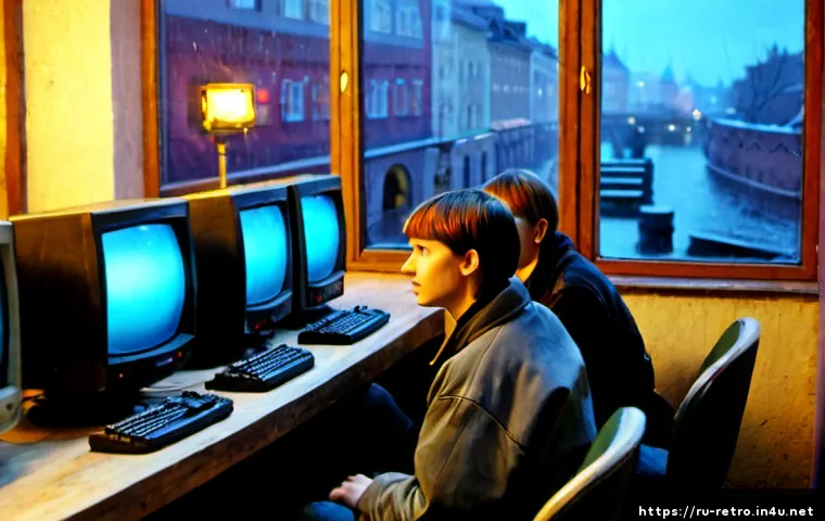 Home 17 초기 MMORPG 게임의 역사 - Photorealistic late-1990s Russian internet café, a small group of young adults in casual era-appropr...