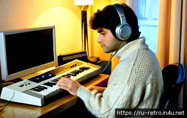 1980년대 게임 음악 작곡가 - Photorealistic late-1980s Soviet video game music composer in a modest Moscow apartment studio, focu...